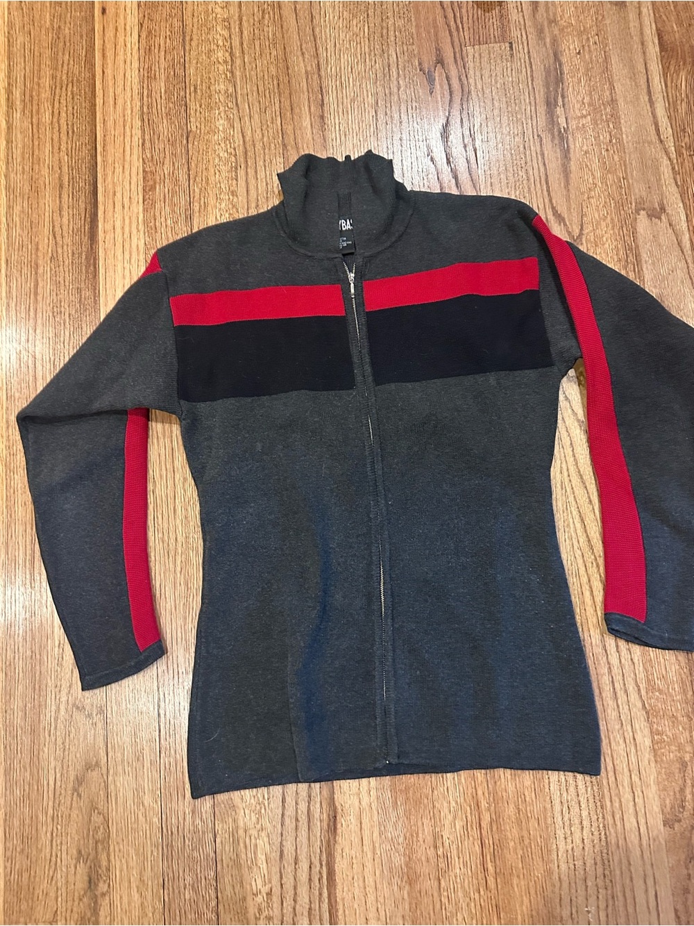 Women’s  Gray Zip-Up Sweater with Red & Black Stripes